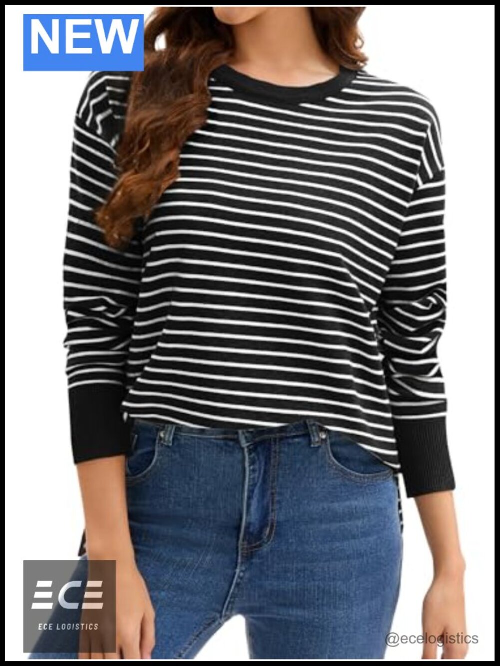 Striped Ribbed Knit Pullover Sweater Side Slits Crew Neck